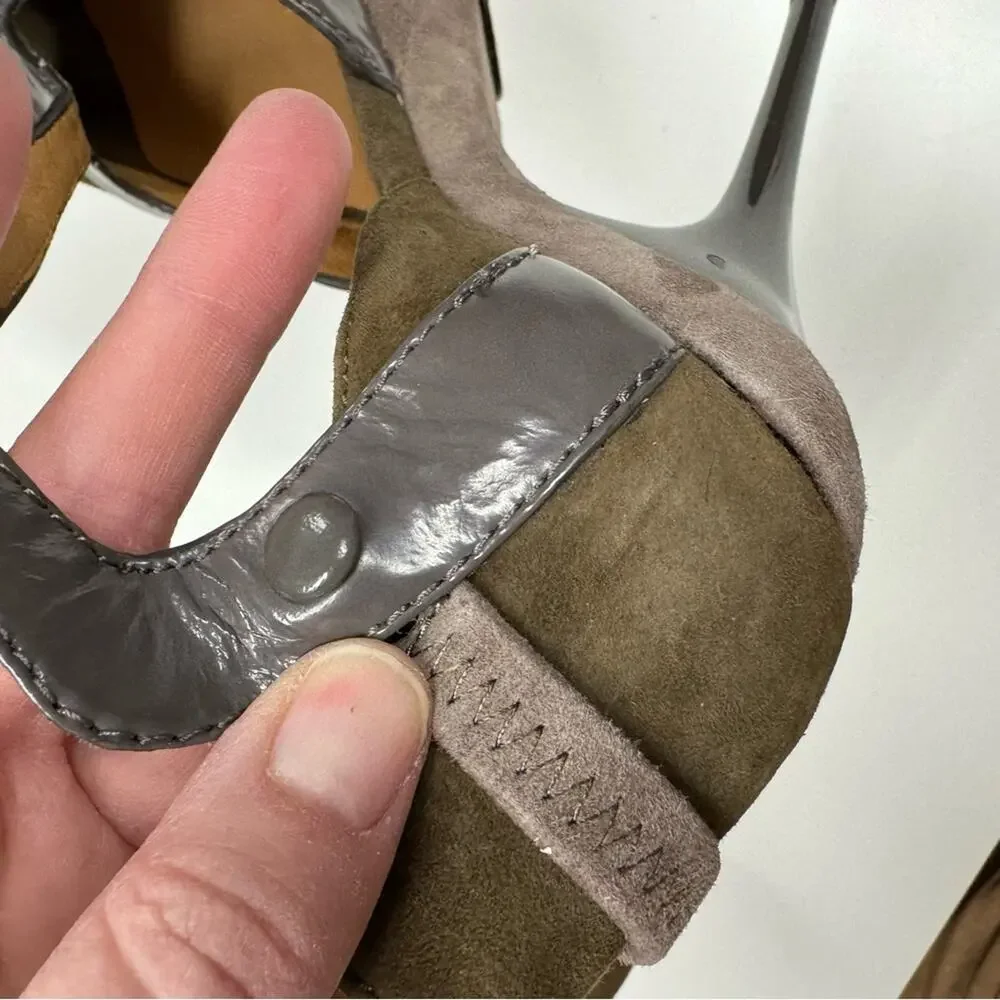L.A.M.B. Olive Green & Grey Leather Contrast Stiletto Heels Womens 6 Y2K Suede